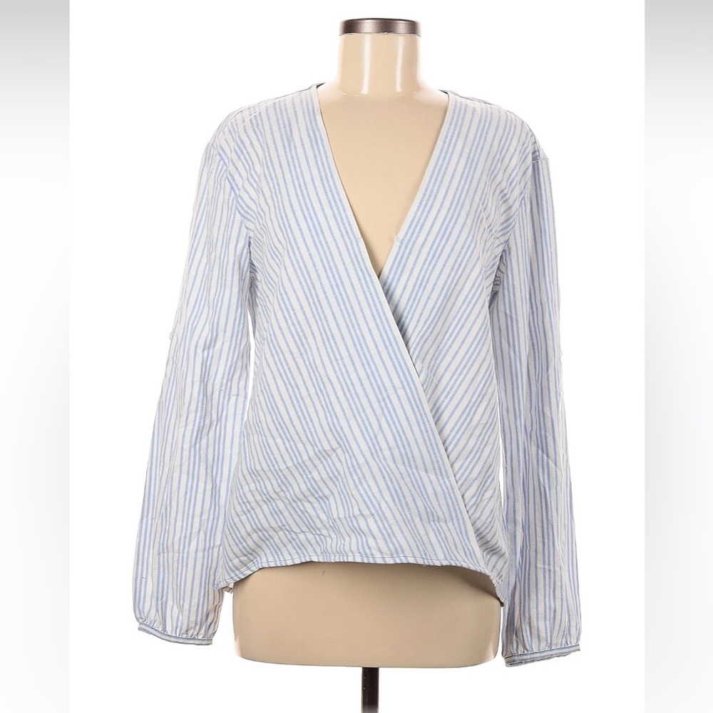 Remade Striped Linen Viscose Blend Wrap Blouse Size Medium